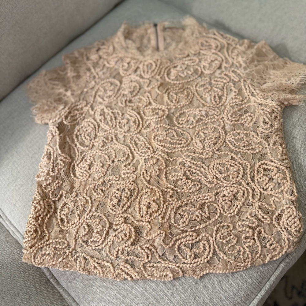 Zara Cream Lace Embroidered Blouse | Sheer Short Sleeve Romantic Top‎ S